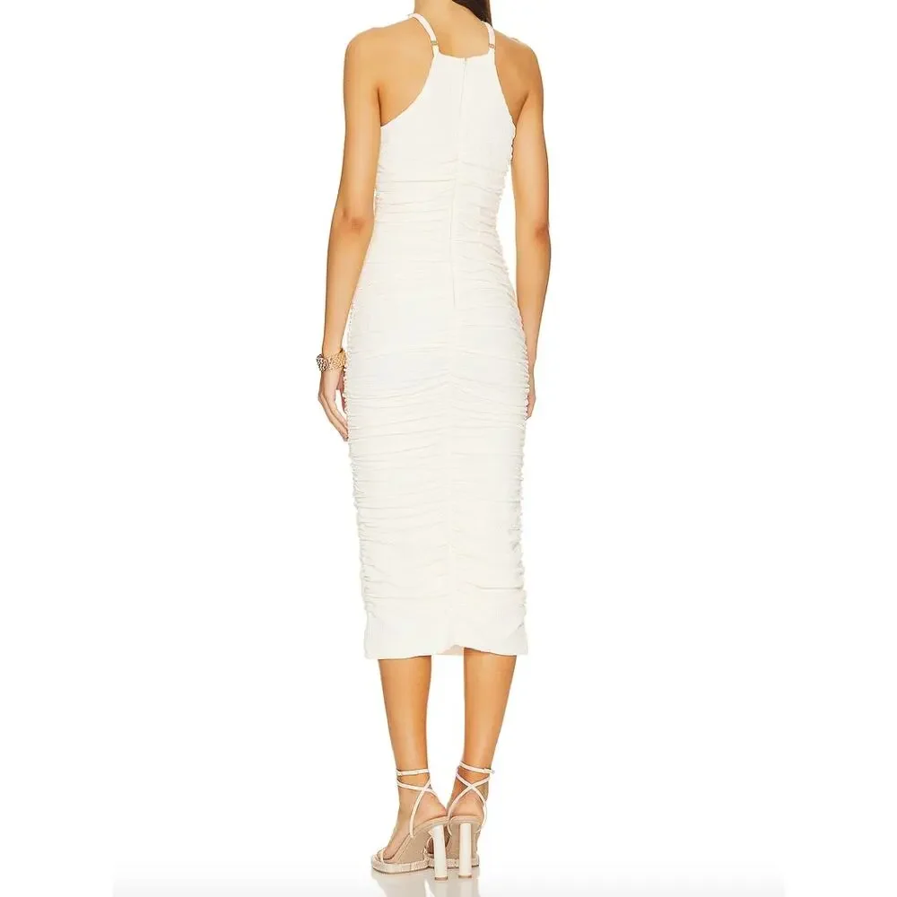 Likely CARMONA DRESS Bodycon Ruched Stretch Crepe Midi | Ivory, Sz 8 NEW - Picture 3 of 9